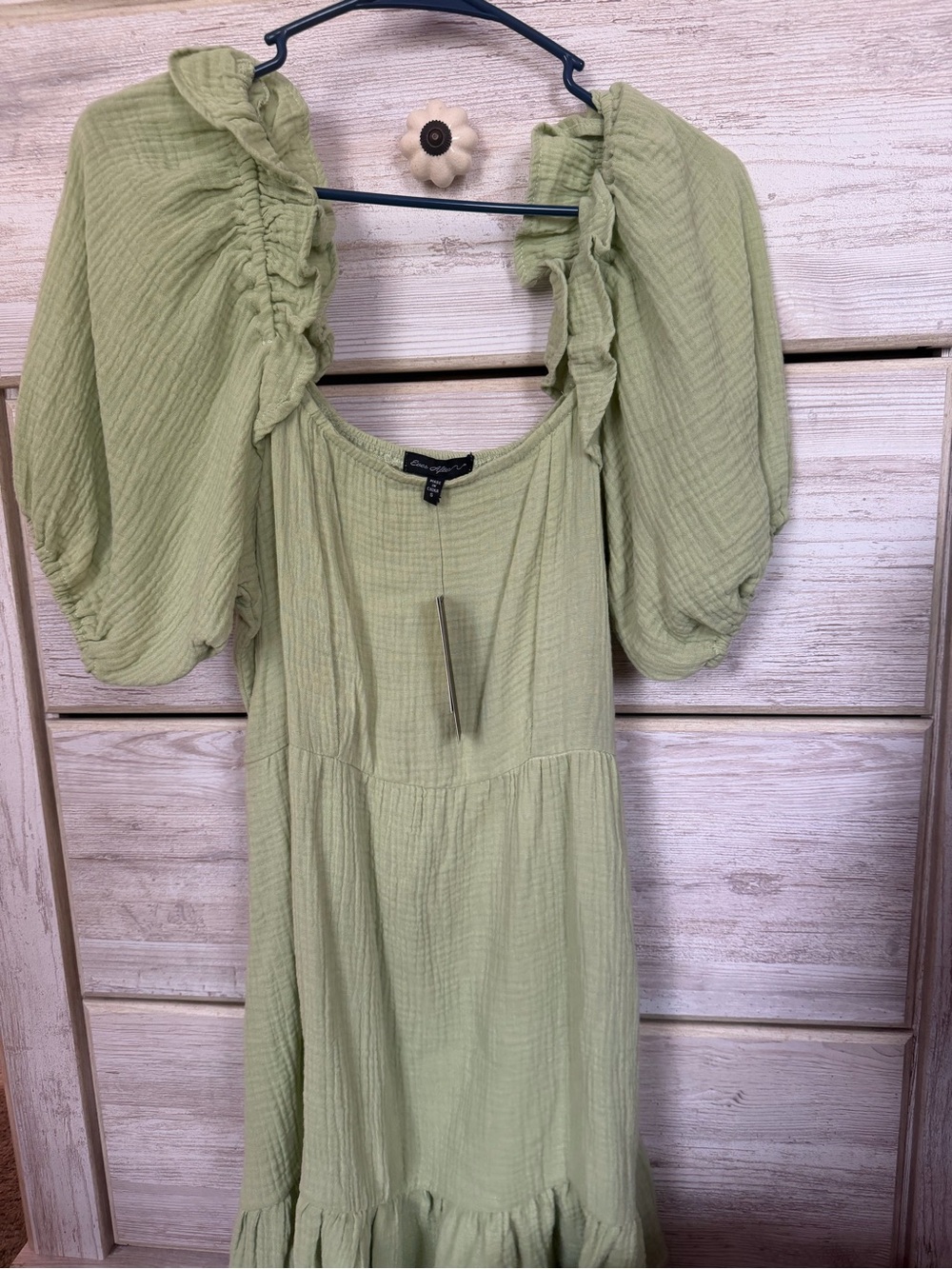 Ever After Light Green Ruffled Puff-Sleeve Midi Dress